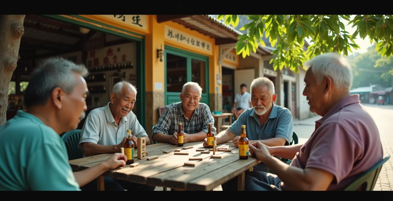 Groupe d'hommes âgés jouant aux dominos sous un arbre devant une boutique traditionnelle à La Réunion.