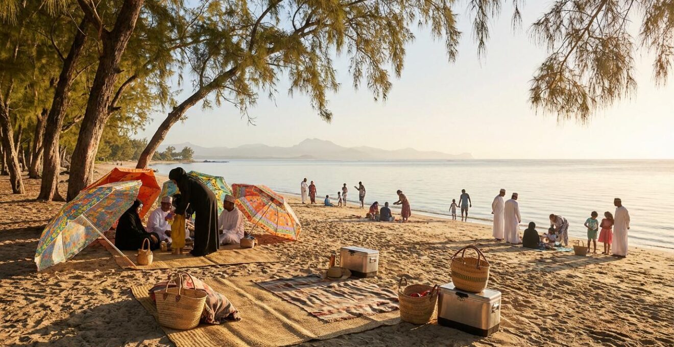 Famille réunionnaise installant son campement de pique-nique sur la plage au lever du soleil