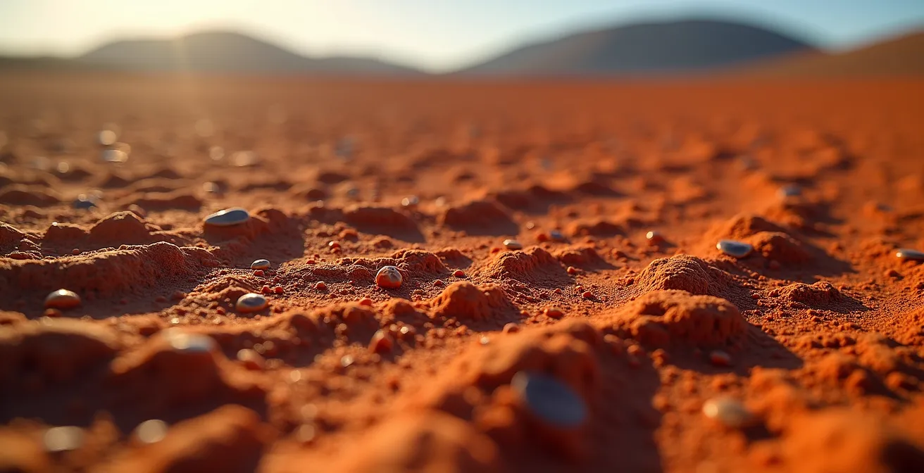 Paysage martien de la Plaine des Sables sous le soleil de midi avec ses formations volcaniques rougeoyantes