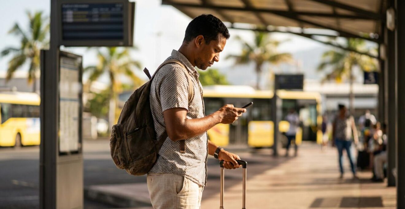 Voyageur consultant un plan d'orientation avec vue sur les quais de la gare routière