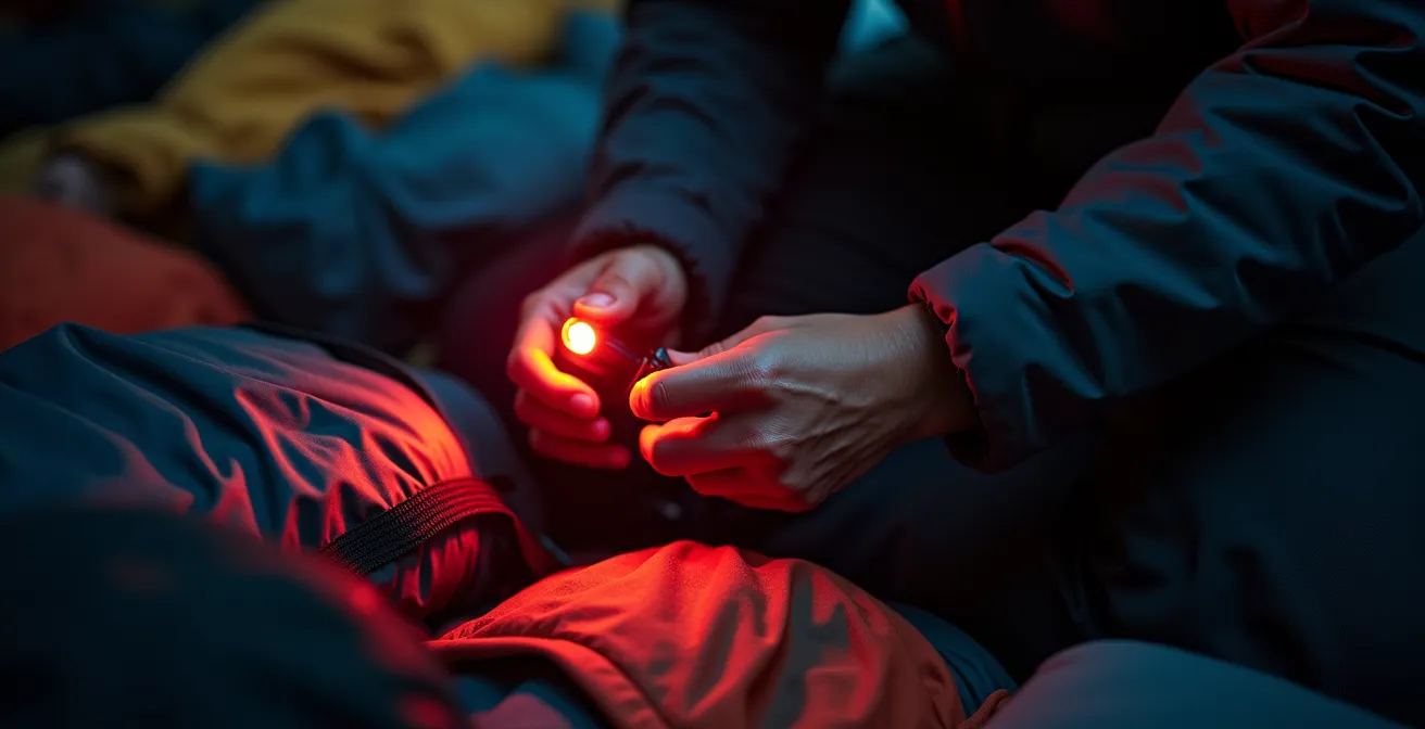 Randonneur préparant son équipement de nuit avec une lampe frontale rouge dans l'obscurité d'un dortoir.