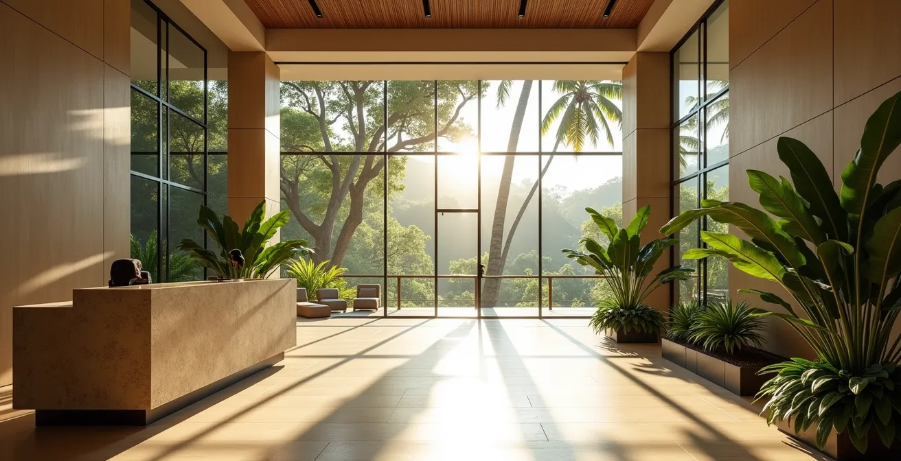 Vue large d'un hall d'hôtel moderne à La Réunion avec architecture ouverte sur jardin tropical