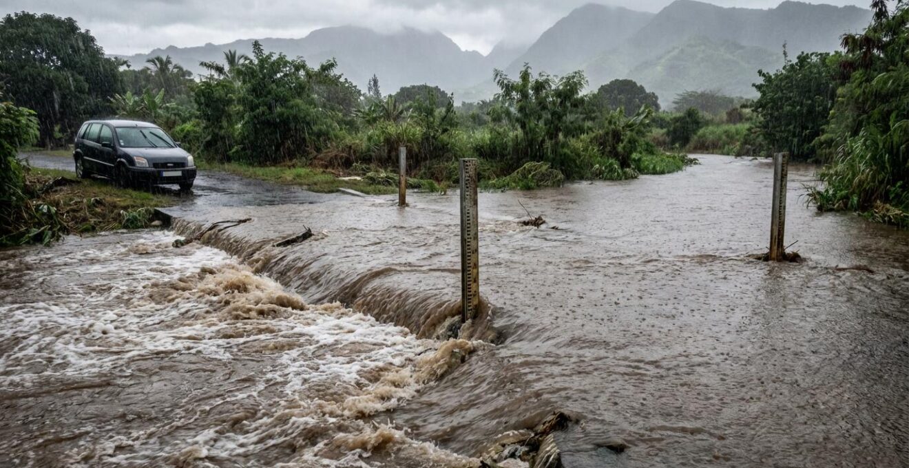 Radier submergé par une rivière en crue à La Réunion avec piquets de mesure visibles