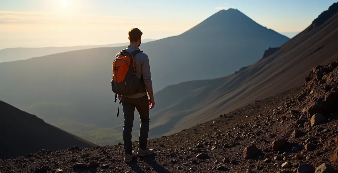 Randonneur au pied de l'ascension finale vers le cratère Dolomieu évaluant la montée
