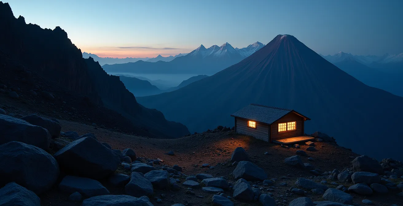 Refuge de montagne isolé perché sur un plateau rocheux volcanique au crépuscule