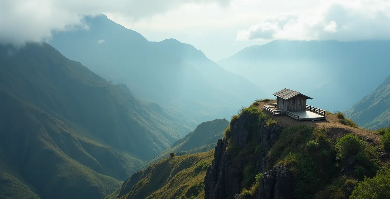 Vue aérienne du refuge de la Caverne Dufour isolé sur les pentes volcaniques du Piton des Neiges.