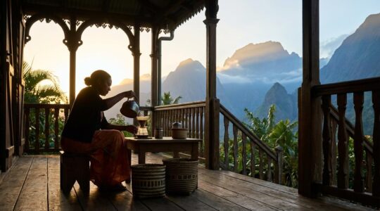 Un habitant réunionnais se préparant avant l'aube avec vue sur les montagnes des Hauts éclairées par les premières lueurs du jour
