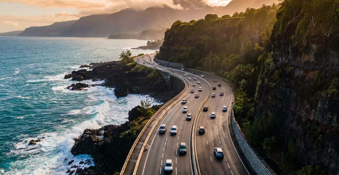Vue aérienne de la Route du Littoral de La Réunion avec système de basculement activé sur les voies côté mer