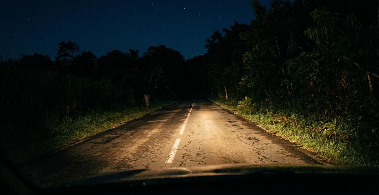 Route non éclairée la nuit à La Réunion avec silhouette de piéton