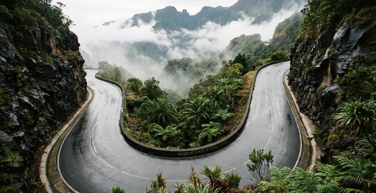 Route sinueuse de montagne à La Réunion avec vue sur les cirques volcaniques