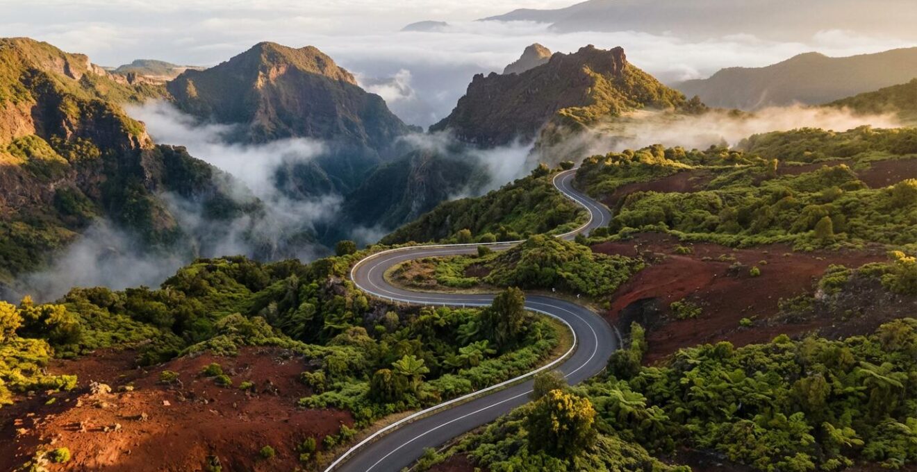 Route sinueuse traversant les paysages volcaniques des Hauts de La Réunion avec végétation tropicale et remparts