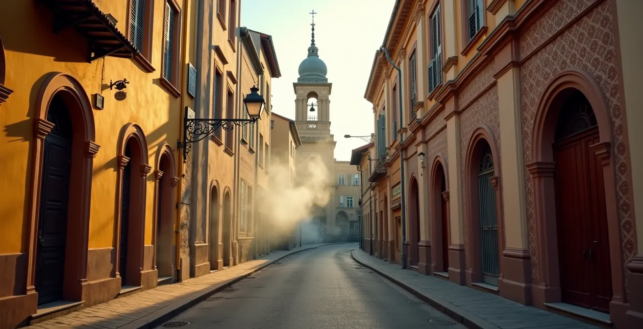 Vue architecturale montrant la coexistence de différents édifices religieux dans une rue de Saint-Denis