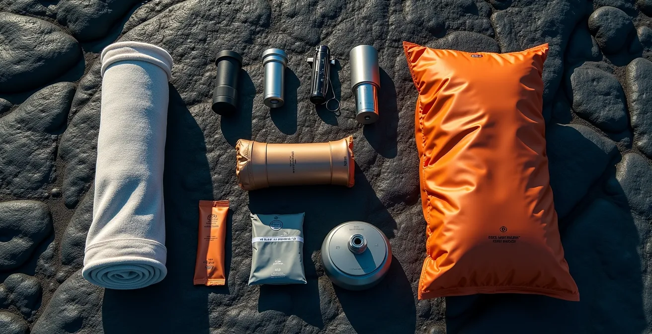 Équipement de randonnée ultraléger disposé sur roche volcanique à La Réunion