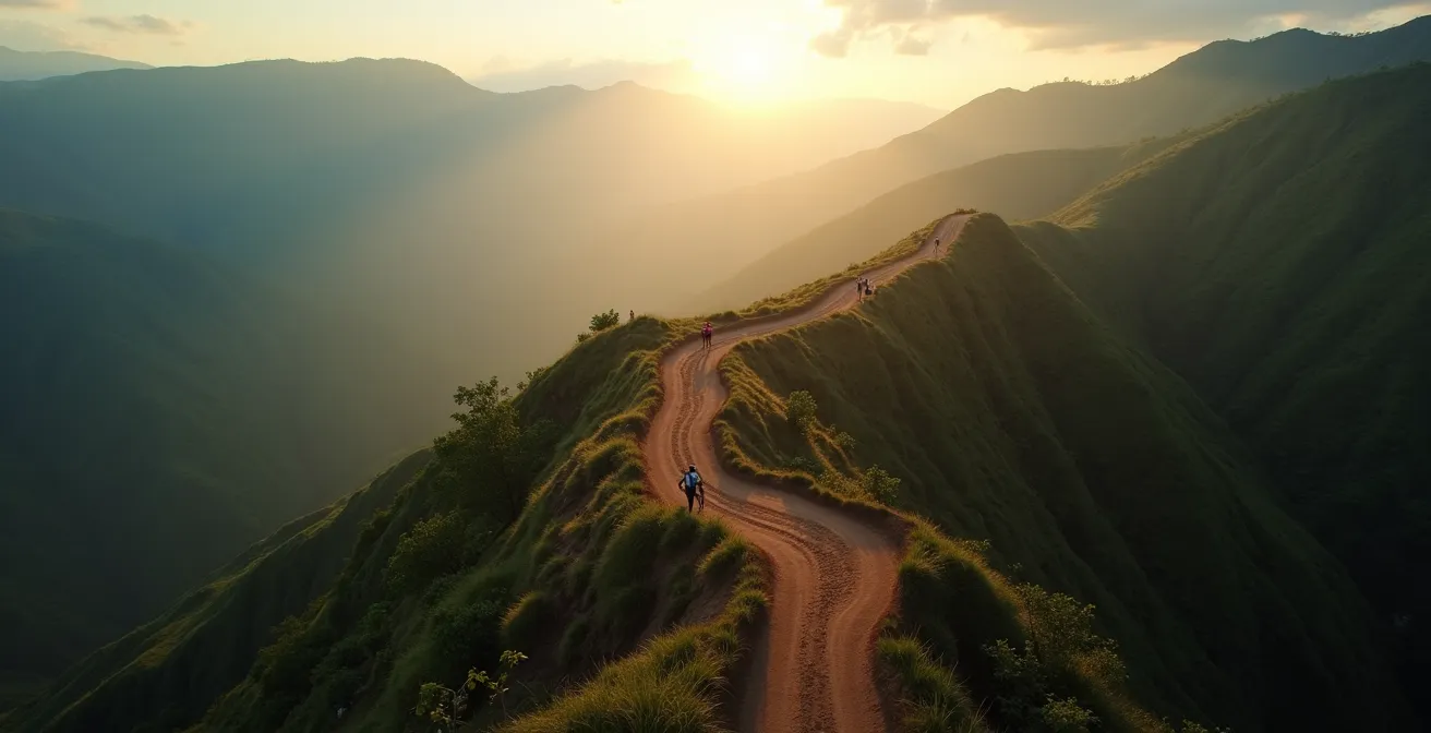Vue aérienne d'un sentier de montagne sinueux dans le cirque de Mafate au lever du soleil avec coureurs et bénévoles