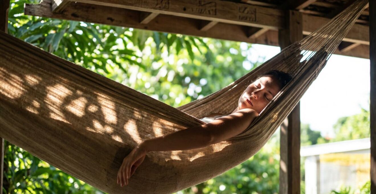 Personne se reposant dans un hamac sous une varangue ombragée pendant la chaleur de midi à La Réunion