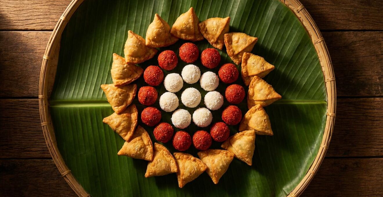 Étalage coloré de spécialités créoles et indiennes sur un stand de foire traditionnelle