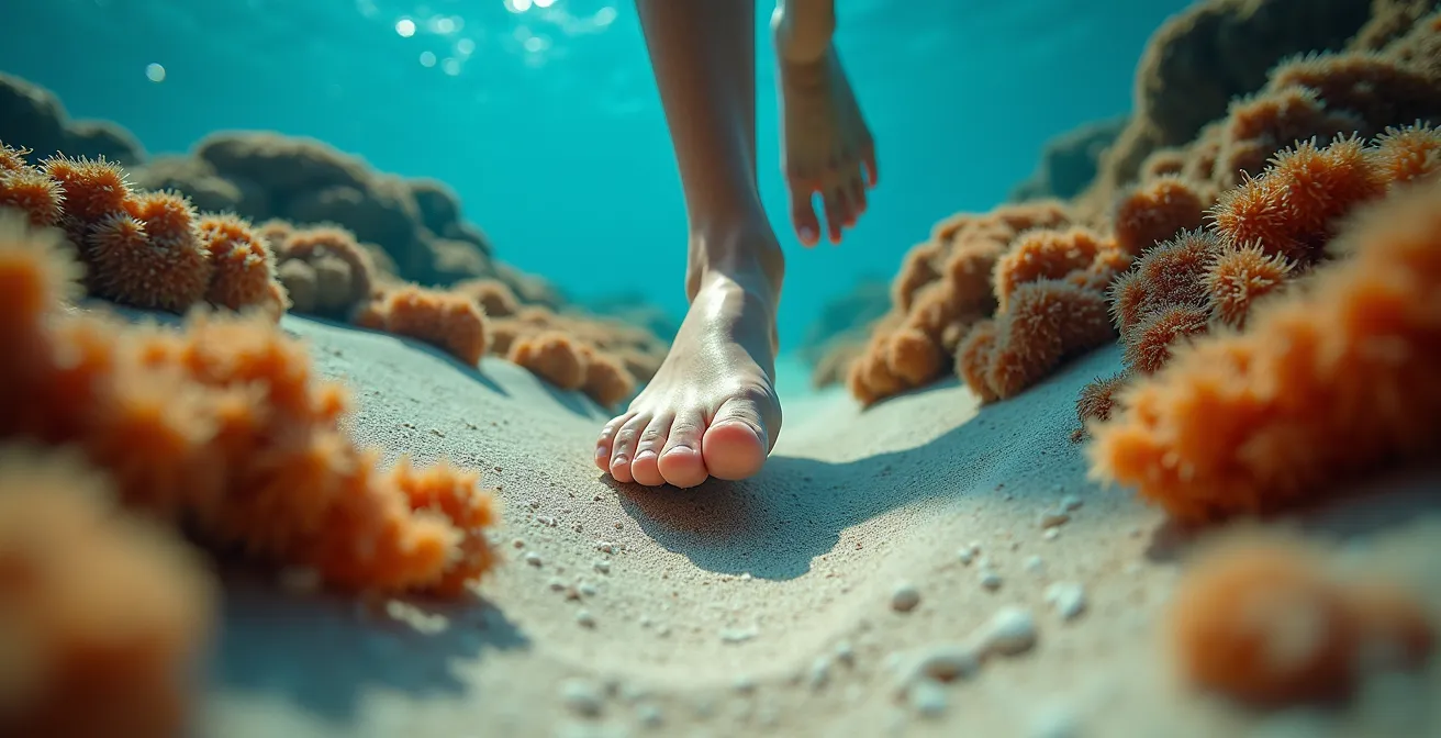 Vue aérienne d'un couloir de sable naturel traversant une zone corallienne dans un lagon de La Réunion