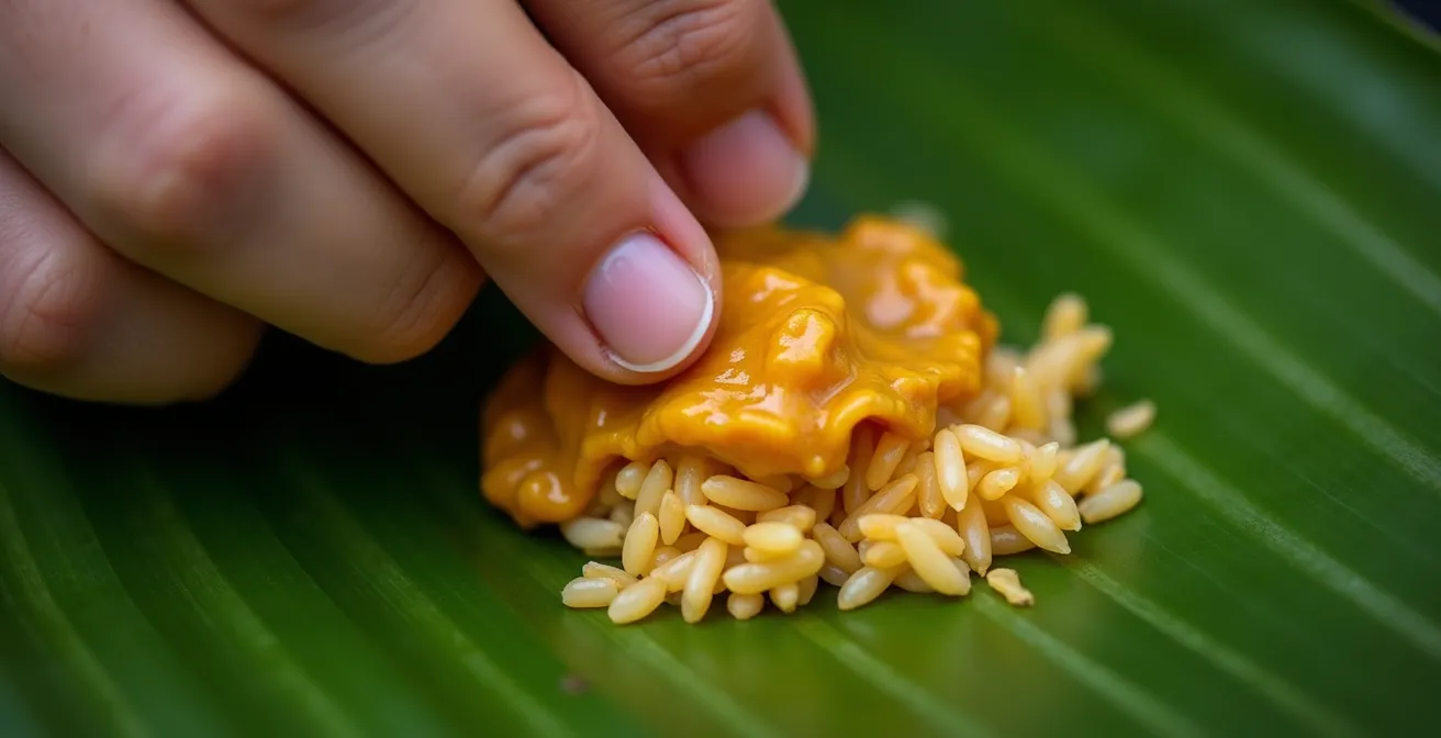 Gros plan sur une main tenant délicatement du riz et du cari dans une feuille de banane verte