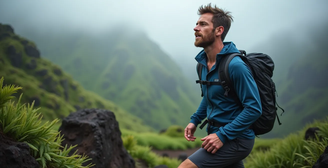 Randonneur pratiquant la respiration cadencée sur un sentier d'altitude à La Réunion
