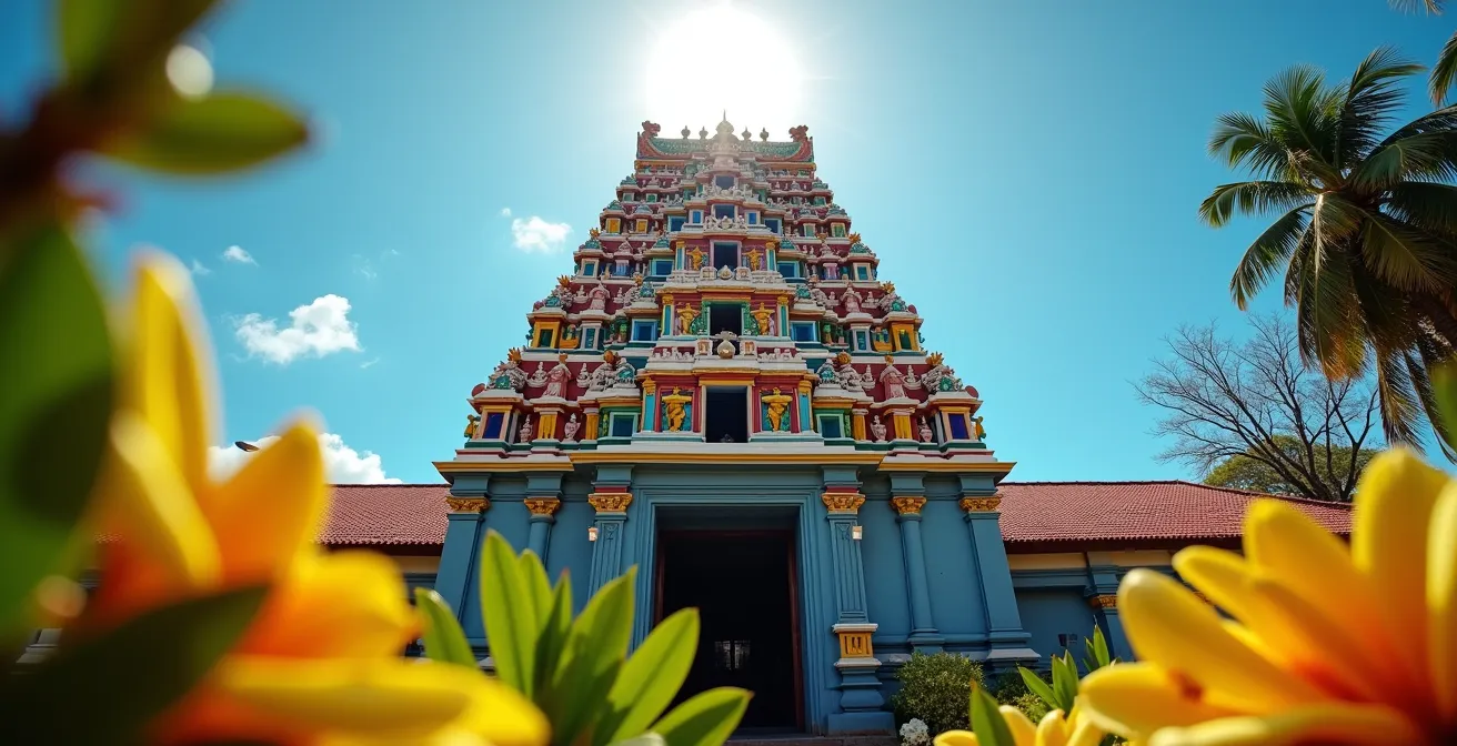 Temple hindou aux couleurs vives avec sculptures détaillées sous le soleil tropical de La Réunion