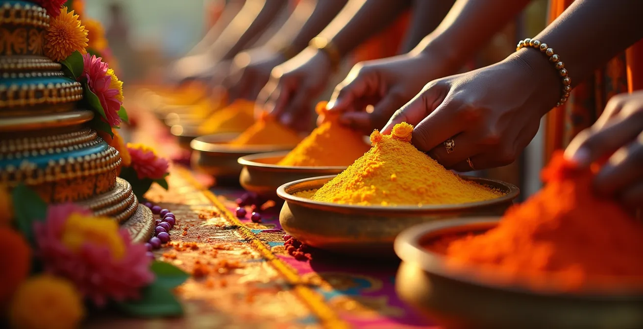 Préparatifs colorés d'un temple tamoul à La Réunion avant une cérémonie