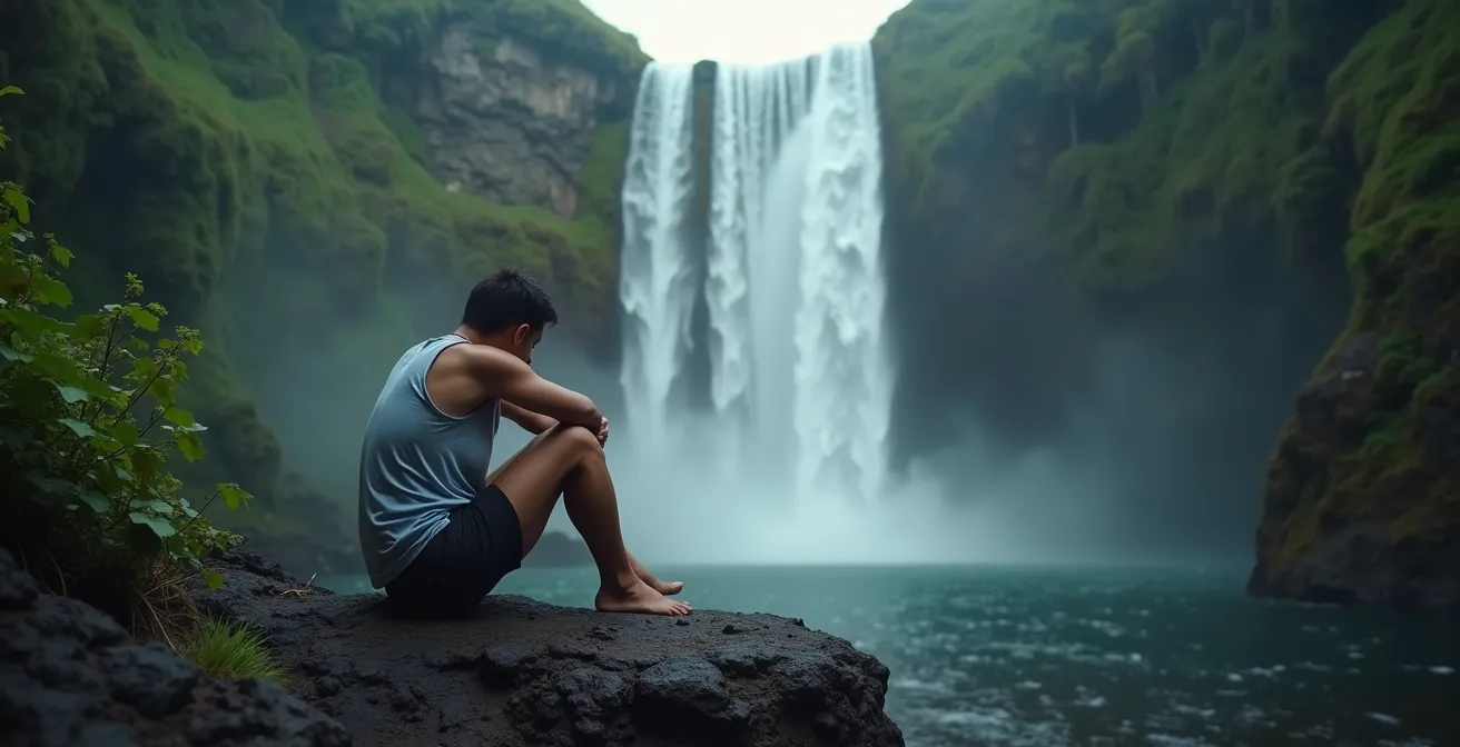 Touriste assis sur un rocher face à une cascade, l'air las, entouré de végétation tropicale
