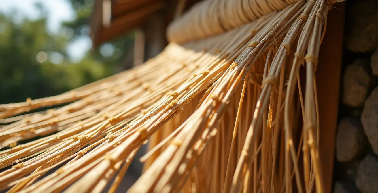 Tresses de vacoa séchant au soleil devant une case créole traditionnelle dans le Sud Sauvage