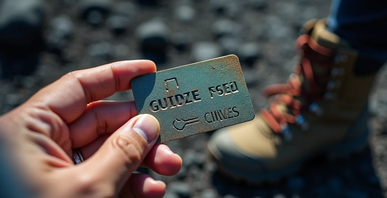 Guide de montagne diplômé montrant son badge d'accréditation sur un sentier de La Réunion
