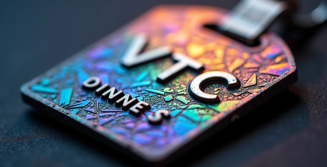 Détail macro d'un macaron VTC officiel sur pare-brise avec reflets lumineux