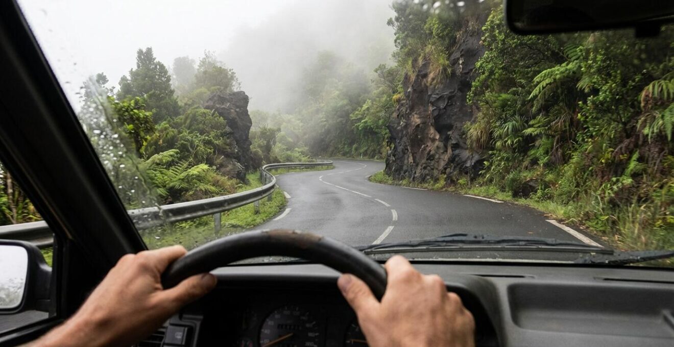 Vue depuis l'intérieur d'un véhicule négociant un virage en épingle sur la route de la Montagne à La Réunion