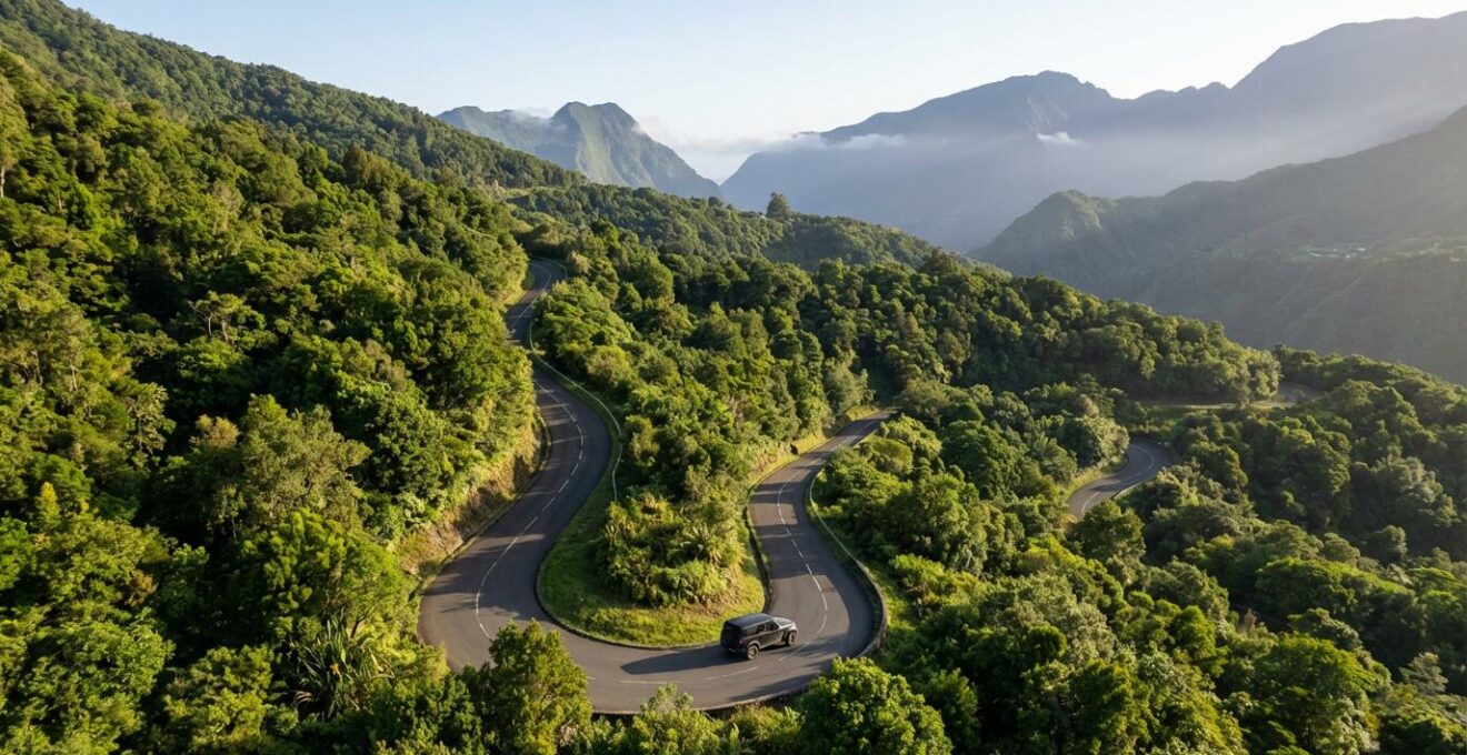 Vue panoramique d'une route sinueuse de montagne à La Réunion avec une voiture traversant un paysage tropical luxuriant