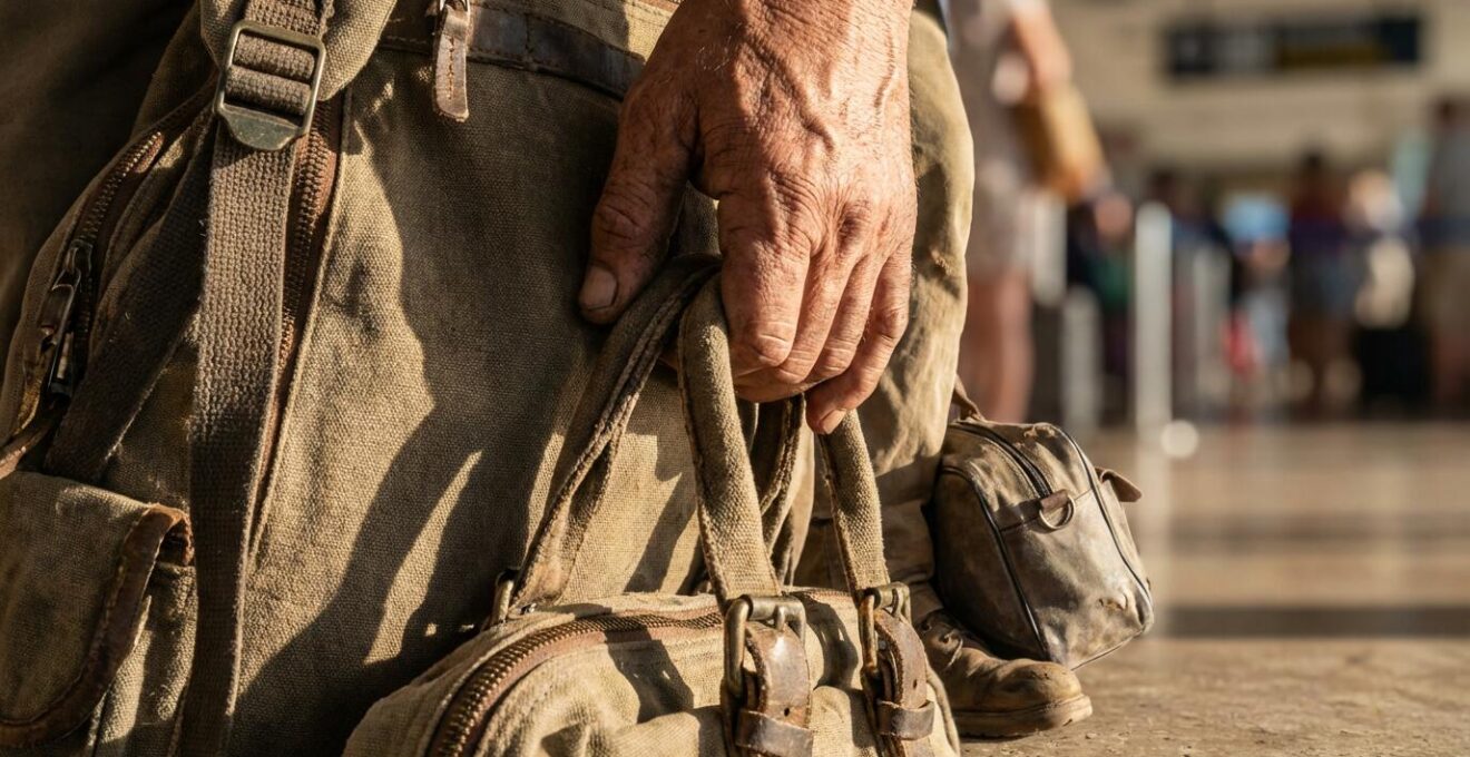Voyageur gardant ses bagages près de lui dans une file d'attente