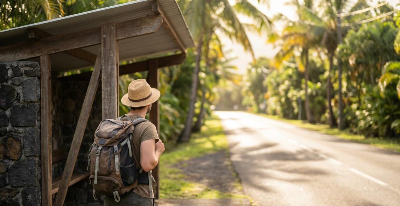 Voyageur avec sac à dos attendant le Car Jaune à un arrêt typique de La Réunion