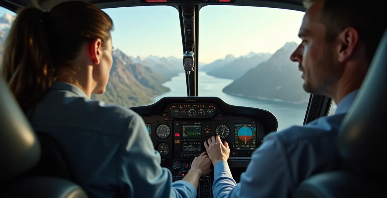Vue depuis la place copilote d'un hélicoptère survolant les cirques de La Réunion